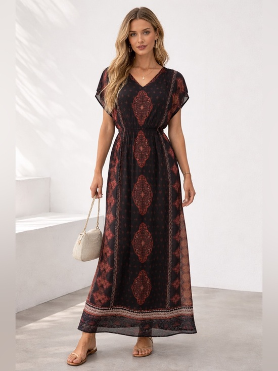 Lucky Brand Dresses & Skirts - Lucky Brand Boho Print Maxi Dress Black Red V-Neck Festival Bohemian sz sm